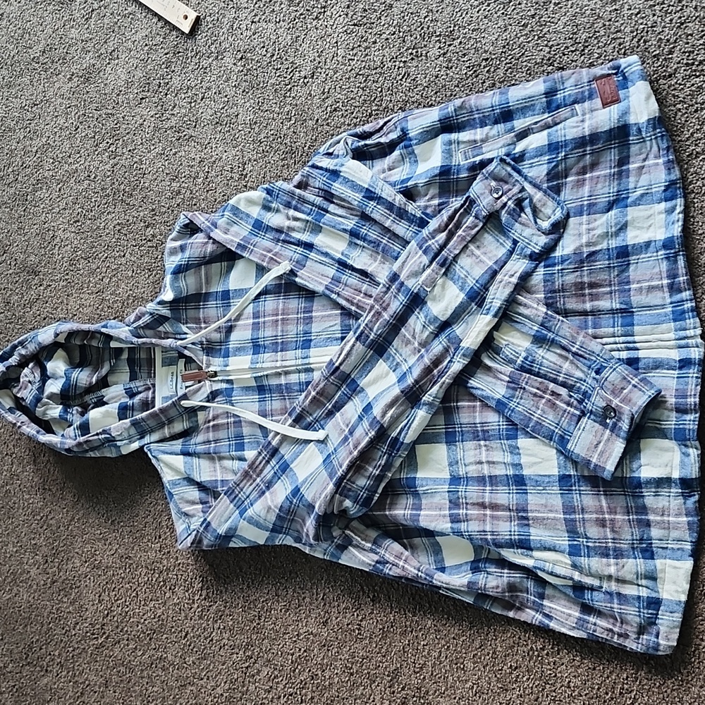 💙 LL Bean Scotch Plaid Hoodie Womens XLarge Flannel Relaxed Fit Full Zip